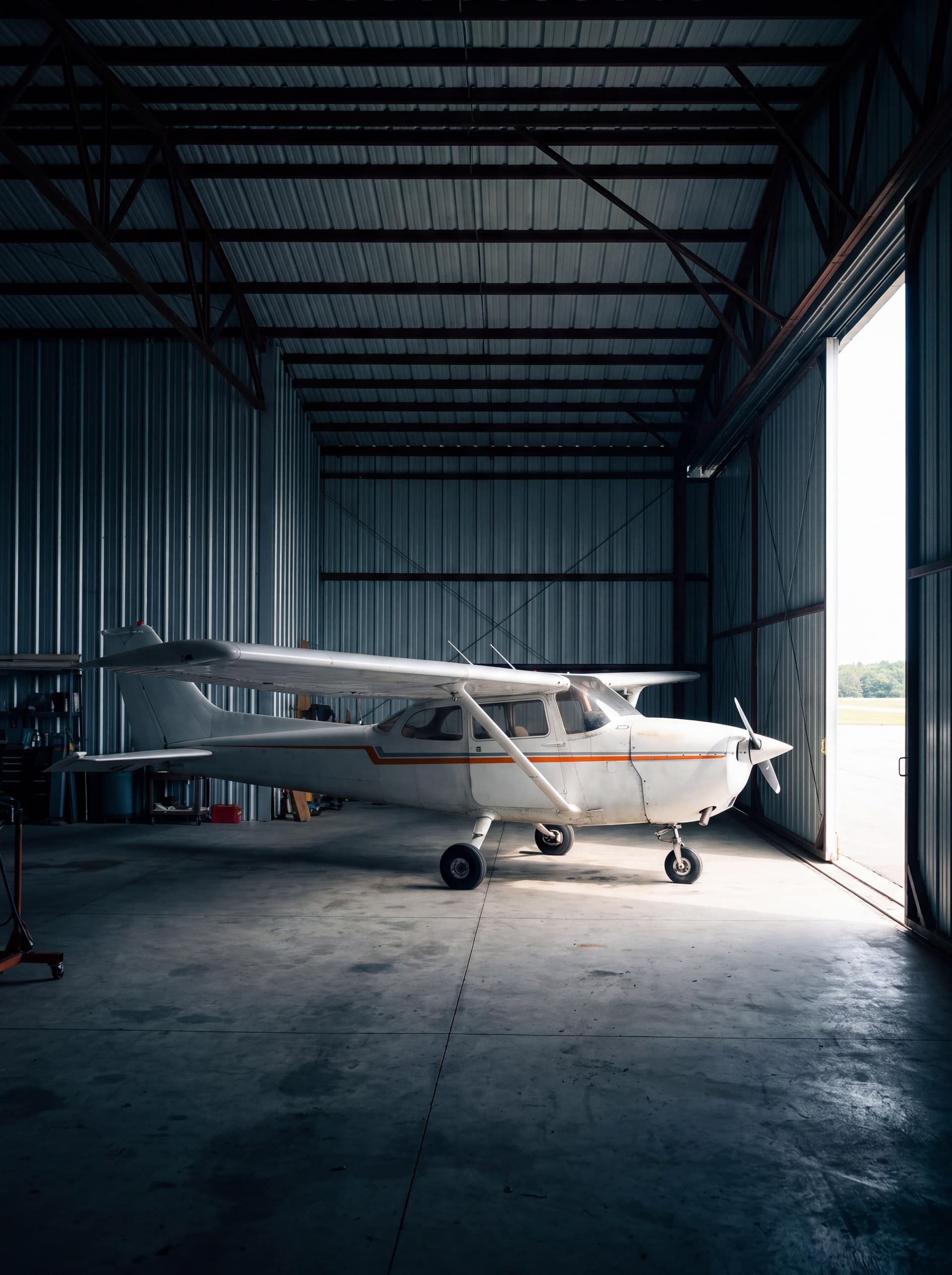 A white high-wing aeroplane with an orange stripe inside a metal hangar, side-lit by daylight through the open door