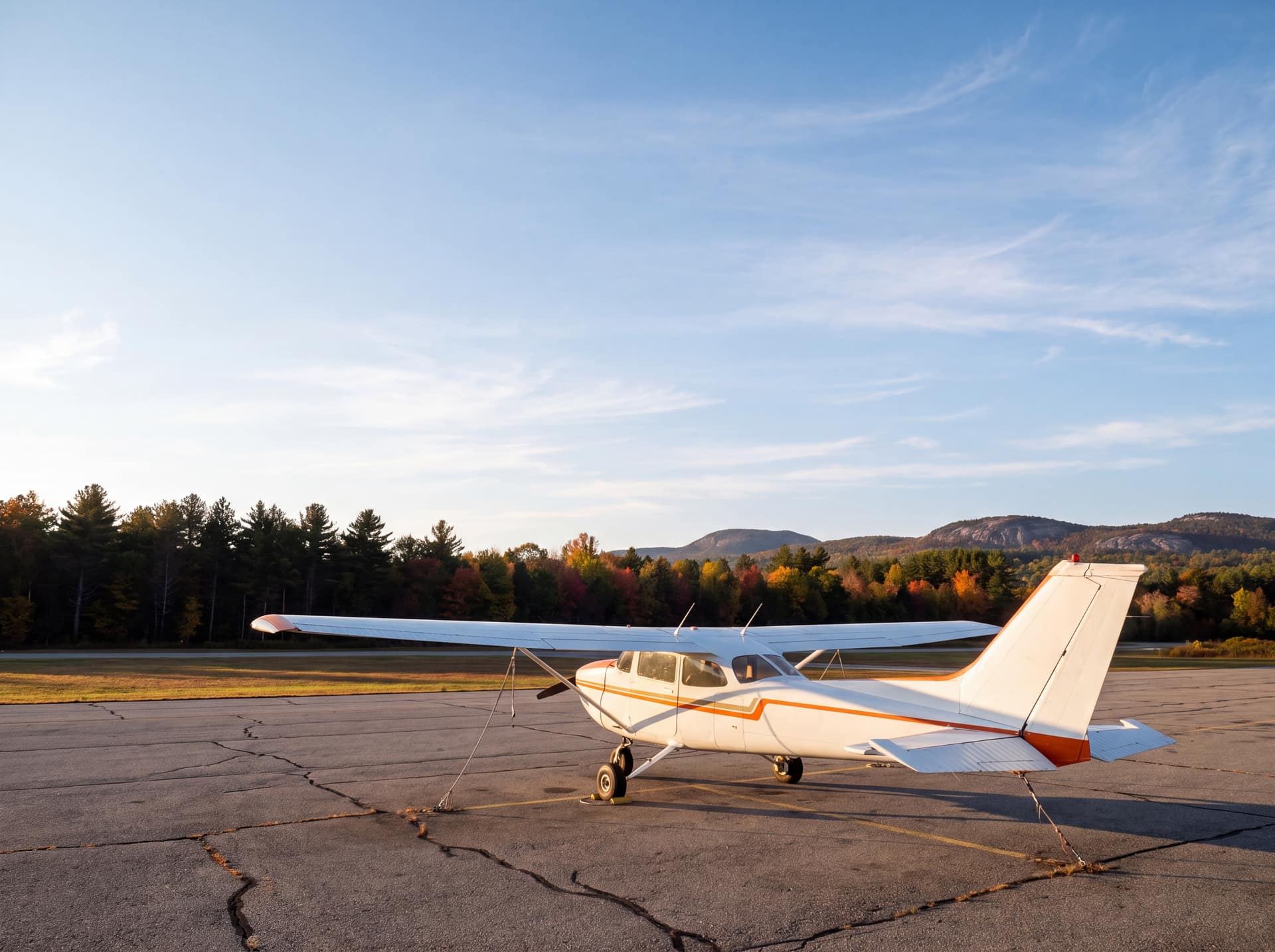 A white high-wing single-engine aeroplane with an orange stripe tied down on a cracked asphalt ramp, autumn treeline and low mountains behind it